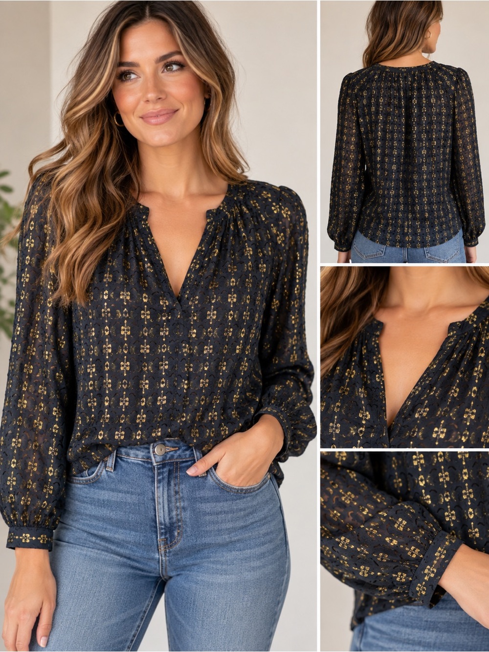 J.Crew Silk Blend Navy Blue & Metallic Gold Blouse Size 6